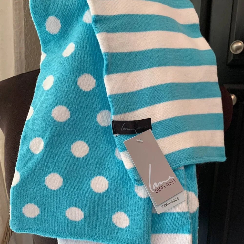 NWT Lane Bryant Blue White Reversible Knit Scarf Polka Dots & Stripes